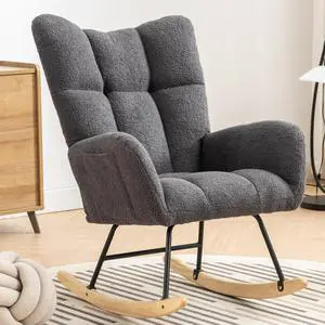 Rocking Chair with Pocket, Soft Teddy Fabric Rocking Chair for Nursery, Comfy Wingback Glider Rocker with Safe Solid Wood Base for Living Room Bedroom Balcony Grey