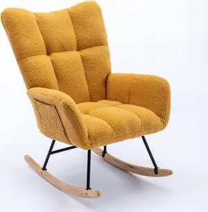 Rocking Chair with Pocket, Soft Teddy Fabric Rocking Chair for Nursery, Comfy Wingback Glider Rocker with Safe Solid Wood Base for Living Room Bedroom Balcony Yellow