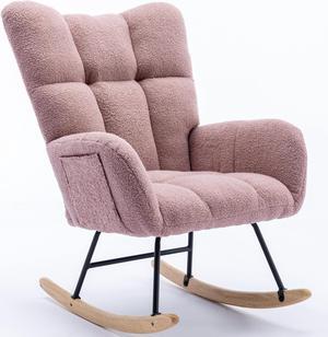 Rocking Chair with Pocket, Soft Teddy Fabric Rocking Chair for Nursery, Comfy Wingback Glider Rocker with Safe Solid Wood Base for Living Room Bedroom Balcony Pink