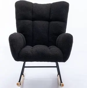 Rocking Chair with Pocket, Soft Teddy Fabric Rocking Chair for Nursery, Comfy Wingback Glider Rocker with Safe Solid Wood Base for Living Room Bedroom Balcony Black