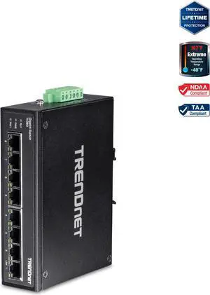TRENDnet 8-Port Hardened Industrial Gigabit DIN-Rail Switch, 16 Gbps Switching Capacity, IP50 Rated Metal Housing (-40 to 167 ÂşF), DIN-Rail & Wall Mounts Included, Lifetime Protection, Black, TI-G80 TRENDnet 8-Port Hardened Industrial Gigabit DIN-Rail Switch, 16 Gbps Switching Capacity, IP50 Rated Metal Housing (-40 to 167 ÂşF), DIN-Rail & Wall Mounts Included, Lifetime Protection, Black, TI-G80