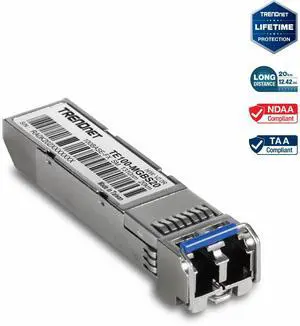 TRENDnet SFP to RJ45 100Base-FX Single-Mode LC Module, Up to 20 km (12.4 Miles), Up to 155Mbps Speeds, Duplex-LC Fiber Compatible, 1310nm, Lifetime Protection, Silver, TE100-MGBS20