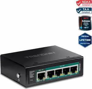TRENDnet TI-B541 5-Port Industrial Gigabit PoE++ Powered DIN-Rail Switch with PoE Pass-Through