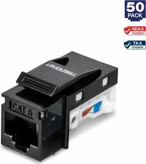 TRENDnet Cat6 RJ45 Keystone Jack 50-Pack Bundle, Compatible With Cat5,Cat5e,Cat6 Cabling, Use With The TC-KP24 Or TC-KP48 Blank Keystone Patch Panels (Sold Separately), Black, TC-K50C6BK