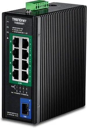TRENDnet 9-Port Industrial 2.5G DIN-Rail PoE++ Switch with 10G SFP+ Port, TI-BG5091, Multi-Gigabit, 8 x 2.G PoE++ Ports, 1 x 10G SFP+ Port, 480W PoE Power Budget, 60Gbps, Lifetime Protection, Black