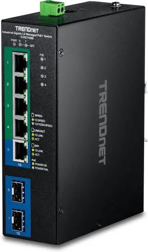 TRENDnet 7-Port Industrial Gigabit L2 Managed PoE+ DINRail Switch 24  57V, TI-PG743Bi, Ethernet Splitter, 120W@48V DC or 120W@24V DC, 14Gbps, NDAA & TAA Compliant, IP40 Rated
