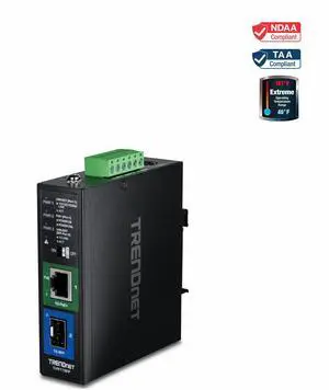 TRENDnet Industrial SFP to Gigabit PoE+ Media Converter, TI-PF11SFP, 1 x Gigabit SFP Port, 1 x
Gigabit PoE+ RJ45 Port, 6kV RJ45 Surge Protection, Up to 30W per Port, NDAA + TAA Compliant TRENDnet Industrial SFP to Gigabit PoE+ Media Converter, TI-PF11SFP, 1 x Gigabit SFP Port, 1 x
Gigabit PoE+ RJ45 Port, 6kV RJ45 Surge Protection, Up to 30W per Port, NDAA + TAA Compliant