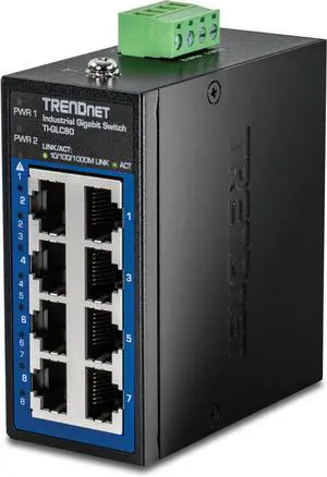 TRENDnet 8-Port Industrial Gigabit DIN-Rail Mini Switch, TIGLC80, 8 x Gigabit Ports, Extreme Temperature IP50 Rated, 16Gbps Switch Capacity, Black TRENDnet 8-Port Industrial Gigabit DIN-Rail Mini Switch, TIGLC80, 8 x Gigabit Ports, Extreme Temperature IP50 Rated, 16Gbps Switch Capacity, Black