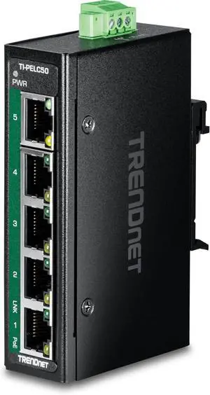 TRENDnet 5-Port Industrial Fast Ethernet PoE+ DIN-Rail Mini Switch, TI-PELC50, NDAA + TAA Compliant, 4 x 10/100Mbps PoE+ Ports, 1 x 10/100Mbps Port, 90W PoE+ Power Budget TRENDnet 5-Port Industrial Fast Ethernet PoE+ DIN-Rail Mini Switch, TI-PELC50, NDAA + TAA Compliant, 4 x 10/100Mbps PoE+ Ports, 1 x 10/100Mbps Port, 90W PoE+ Power Budget