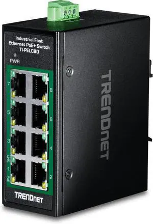 TRENDnet 8-Port Industrial Fast Ethernet PoE+ DIN-Rail Mini Switch, TI-PELC80, NDAA + TAA Compliant, 8 x 10/100Mbps PoE+ Ports, 200W PoE+ Power Budget, 1.6Gbps Switching Capacity TRENDnet 8-Port Industrial Fast Ethernet PoE+ DIN-Rail Mini Switch, TI-PELC80, NDAA + TAA Compliant, 8 x 10/100Mbps PoE+ Ports, 200W PoE+ Power Budget, 1.6Gbps Switching Capacity