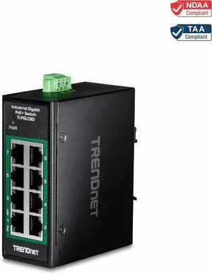 TRENDnet 8-Port Industrial Gigabit PoE+ DIN-Rail Mini Switch, TI-PGLC80, NDAA + TAA Compliant, 200W Power Budget, 16Gbps Switching Capacity, IP30 Rated, Extra Small Housing Design TRENDnet 8-Port Industrial Gigabit PoE+ DIN-Rail Mini Switch, TI-PGLC80, NDAA + TAA Compliant, 200W Power Budget, 16Gbps Switching Capacity, IP30 Rated, Extra Small Housing Design