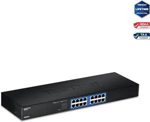 TRENDnet 16-Port Unmanaged Gigabit GREENnet Switch, 16 x RJ-45 Ports, 32Gbps Switching Capacity, Fanless, Rack Mountable, Network Ethernet Switch, Lifetime Protection, Black, TEG-S16G