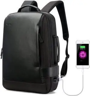 Bopai Waterproof Anti Theft Travel Laptop Backpack Laptop Rucksack with USB Charging Port Fits 15.6 Inch Laptop Notebook Macbook Leather Computer Backpack for Business School Travel Bookbag Black