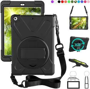 New iPad 9.7 2017 2018 Case,360 Degree Rotatable with Kickstand,Hand Strap and Shoulder Strap case, 3 Layer Hybrid Heavy Duty Shockproof case for iPad 9.7 5th/6th Generation