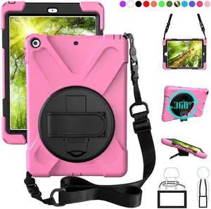 New iPad 9.7 2017 2018 Case,360 Degree Rotatable with Kickstand,Hand Strap and Shoulder Strap case, 3 Layer Hybrid Heavy Duty Shockproof case for iPad 9.7 5th/6th Generation