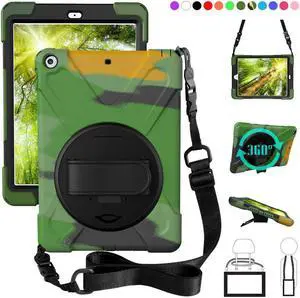 New iPad 9.7 2017 2018 Case,360 Degree Rotatable with Kickstand,Hand Strap and Shoulder Strap case, 3 Layer Hybrid Heavy Duty Shockproof case for iPad 9.7 5th/6th Generation