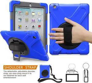 Apple iPad 2 Case iPad 3 Case iPad 4 Case Cover Heavy Duty Shockproof Protective Case for iPad 2 3 4 Tablet Case with 360 Degrees Rotable Hand Strap Kickstand and Shoulder Strap