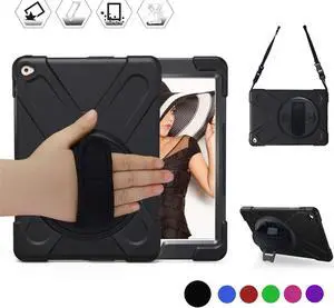 iPad Air 2 Case, [Hybrid Shockproof Case] Rugged Triple-Layer Shock-Resistant Drop Proof Defender Case Cover with Kickstand/a Hand Strap/a Adjustable Shoulder Strap