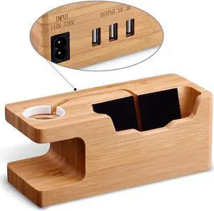 Bamboo Wood USB Charging Stand Phone Stand with 3 USB Port  Charging Dock Station for 38mm and 42mm Apple Watch iPhone X 8 8 Plus 6 Plus 5S 5 7 7 Plus and Other Smartphone