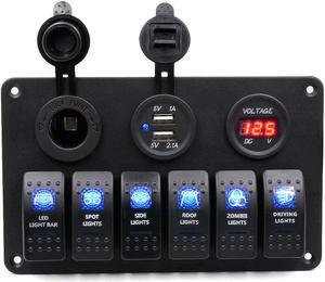 Digital Voltmeter 12V Cigarette Socket Double USB Power Charger Adapter Flush Mount Waterproof 6 Gang Rocker Switch Panel Black for RV Car Boat
