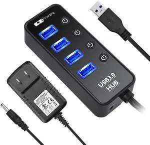 4 Port USB 3.0 Hub with Power Adapter and Charging Port,USB Hub Built-in Individual Switches for Computer, PC, Laptop and More