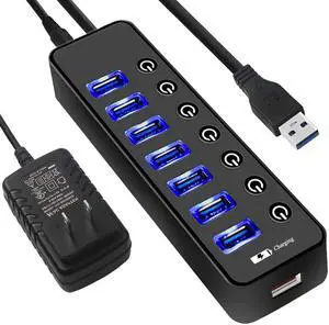 USB Hub 3.0 Splitter,7 Port USB Data Hub with Power Adapter and Charging Port,Individual On/Off Switches and Lights for Laptop, PC, Computer, Mobile HDD, Flash Drive and More