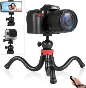 Phone Tripod Flexible Cell Phone Tripod Adjustable Camera Stand Holder with Wireless Remote Control and Universal Clip 360° Rotating Portable Tripod for iPhone Android Phone Sports Camera GoPro