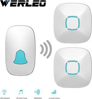 Ring Doorbell Werleo Waterproof Wireless Doorbell Kit Remote Door Chime 2 Plugin Receivers 1 Push Button with LED indicator 1000ft Range 36 Chime 4 Level Volume No Batterie Required for Receiver White
