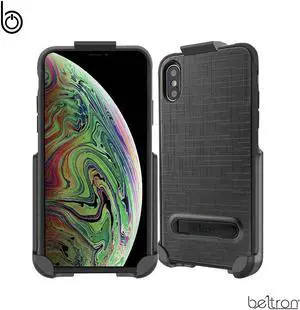 iPhone X/XS Slim Protective Heavy Duty Dual Layer Grip Case (with Metal Kickstand) & Compatible Belt Clip Holster Combo