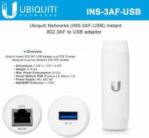 UBIQUITI NETWORKS INS-3AF-USB Instant PoE USB Type A Charger