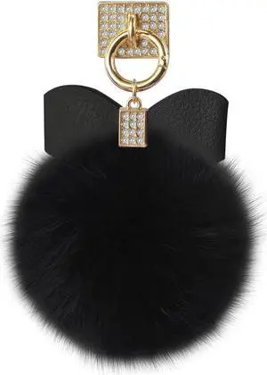 Reiko REIKO PHONE HOLDER/ FINGER LOOP GRIP WITH RHINESTONE SOFT PUFFY FUR BALL IN BLACK