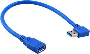 USB 3.0 Right Angle Male to USB 3.0 Female Extension Cable 1 FT Short Cord Blue