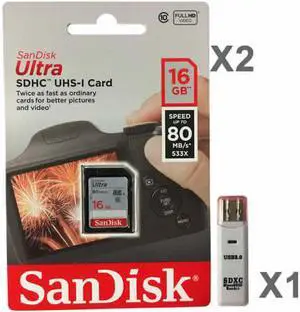 SanDisk Kit of Qty 2 x Sandisk 16GB SDHC SDSDUNC-016G-GN6IN Card with 1 USB Reader