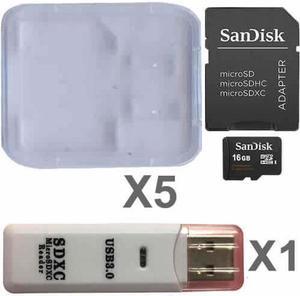 SanDisk Kit of Qty 5 x Sandisk 16GB mSDHC SDSDQAB-016G Card with SD Adapters, Plastic Cases and 1 USB Reader