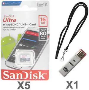 SanDisk Kit of 5 x Sandisk Ultra 16GB mSDHC SDSQUNS-016G-GN3MN Card with 1 x Lanyard and 1 x USB Reader