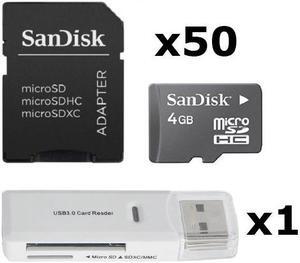 SanDisk Kit of Qty 50 x SanDisk 4GB microSDHC SDSDQAB-004G with Adapters, 1 USB Reader