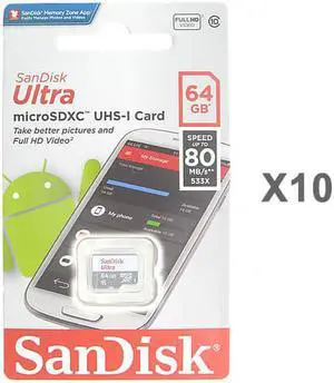 SanDisk Kit of Qty 10 x SanDisk Ultra 64GB microSDXC SDSQUNS-064G-GN3MN