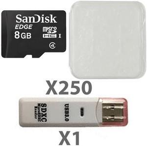 SanDisk Kit of Qty 250 x Sandisk 8GB mSDHC SDSDQAB-008G Card with Plastic Cases and 1 x USB Reader