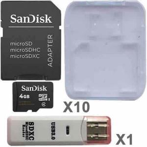 SanDisk Kit of Qty 10 x SanDisk 4GB microSDHC SDSDQAB-004G with Adapters, Cases, 1 USB Reader