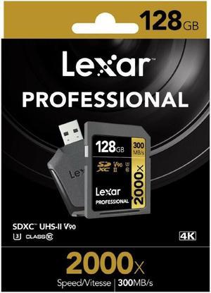 Lexar LSD128CRBANZ2000R CYU 128GB 17p SDXC 2000x r300MB/s w260MB/s Class 10 UHS-II U3 V90 4K Professional Secure Digital Extended Capacity Card w/ SD Reader