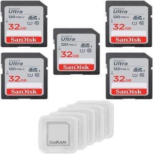 SanDisk 32GB (5 Pack) Ultra SDHC UHS-I Class 10 Memory Card 120MB/s U1, Full HD, SD Camera Card SDSDUN4-032G Bundle with (5) GoRAM Plastic Cases