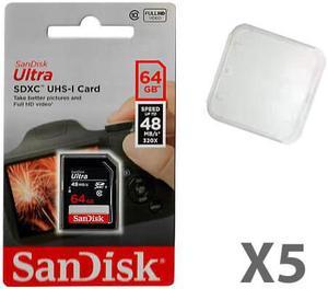 SanDisk Ultra 64GB UHS-I Class 10 SDXC SDSDUNB-064G-GN3IN Memory Card Retail (5 Pack) with Plastic Cases