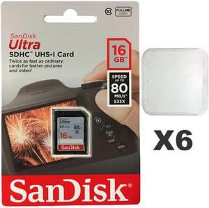 SanDisk 16GB Ultra SDHC Class 10 UHS-I 80MB/s SD Camera Card SDSDUNC-016GB (6 Pack) with  Plastic Cases