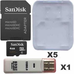 SanDisk Kit of Qty 5 x SanDisk 4GB microSDHC SDSDQAB-004G with Adapters, Cases, 1 USB Reader