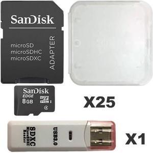 SanDisk 8GB MicroSD Class 4 UHS-1 SDSDQAB-008G Micro SDHC Card (25 Pack) with Adapters, Plastic Cases and 1 Reader