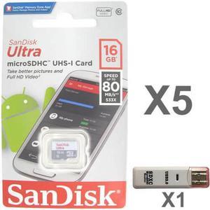 SanDisk 16GB microSDHC Class 10 SDSQUNS-016G-GN3MN Memory Card Retail (5 Pack) with 1 Reader