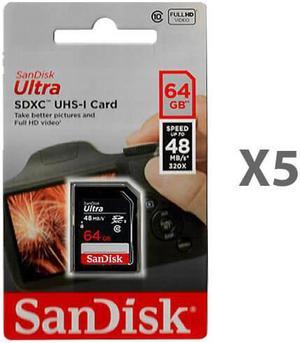 SanDisk Ultra 64GB UHS-I Class 10 SDXC SDSDUNB-064G-GN3IN Memory Card Retail (5 Pack)