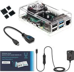 Vilros Accessories Starter Pack for Raspberry Pi 4-Includes Fan Cooled Case-Power Supply -Heatsink (Set of 4) -Micro HDMI & USB-C Adapters
