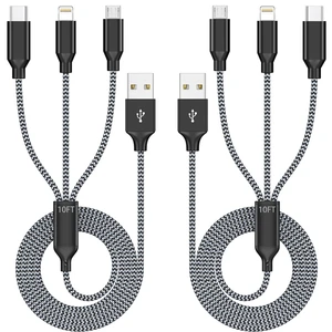 Long 3 in 1 Multi Charging Cable 10ft 2Pack,MFi Certified fast charger cord | charging cords for multiple devices with L Port, Type C,Micro USB for iPhone 17-5, Android and Travel Essentials Long 3 in 1 Multi Charging Cable 10ft 2Pack,MFi Certified fast charger cord | charging cords for multiple devices with L Port, Type C,Micro USB for iPhone 17-5, Android and Travel Essentials