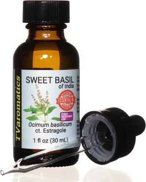 TVaromatics Sweet Basil of India 100% Pure Essential Oil w/ Child Resistant Dropper Cap - Ocimum basilicum ct. Estragole 30 mL CRC